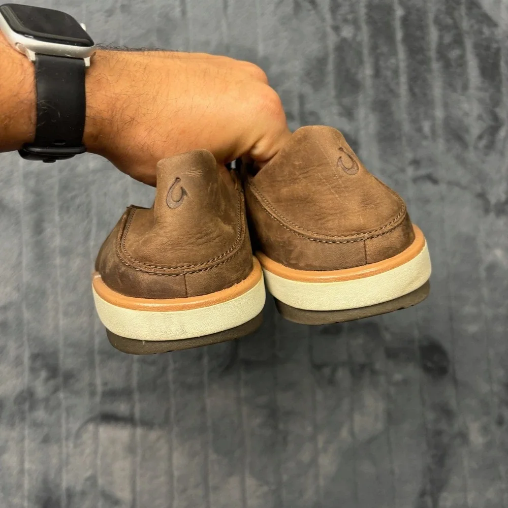 OluKai Kalia Puki Brown Leather Slip On Loafers Mens 12 Drop-In Heel 10453-6363